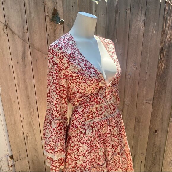 Free People Kristall Berry Red Floral Print Bell Sleeve Mini Dress size large - Picture 10 of 14